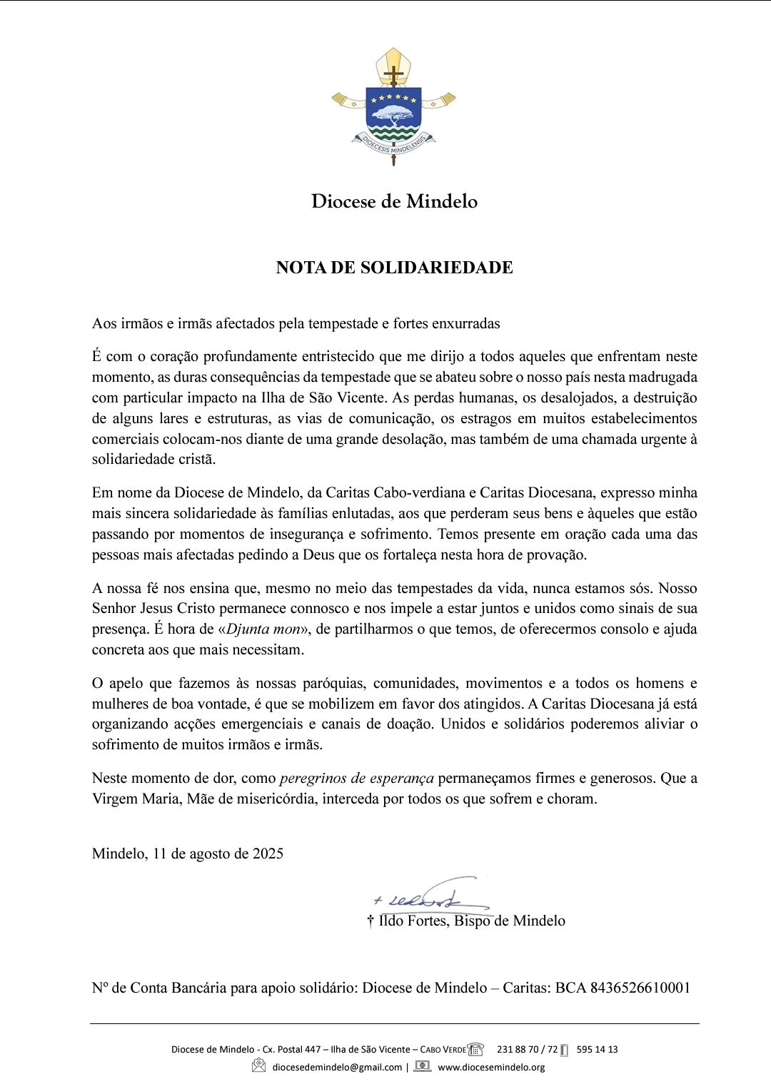 Diocese de Mindelo apela à solidariedade cristã para apoiar vítimas das chuvas